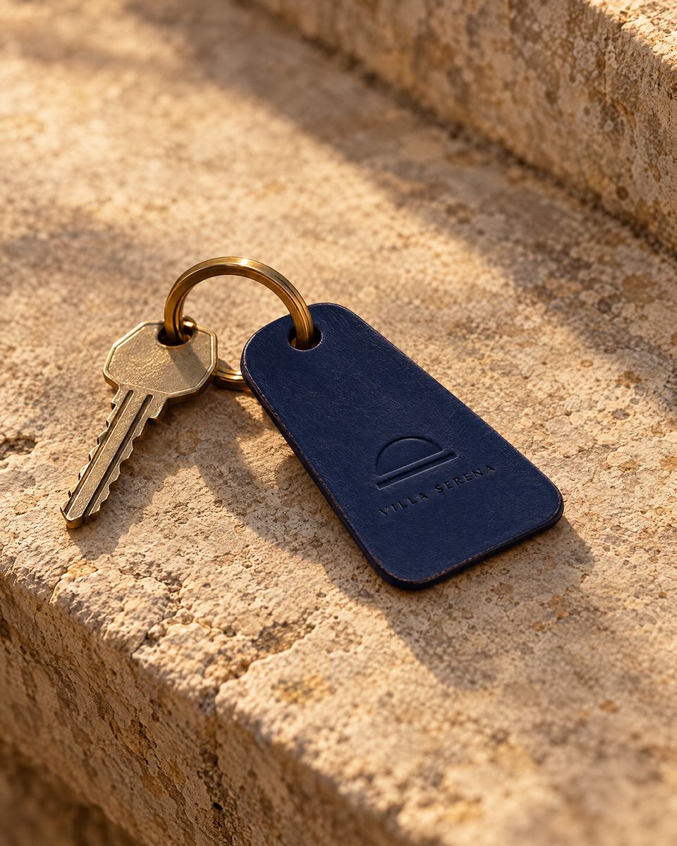 A night-blue leather key tag with the Azzurra mark blind-debossed