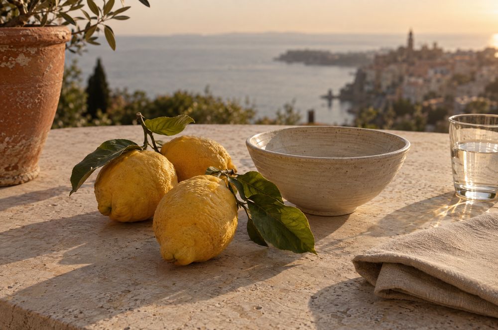 Menton lemons in a ceramic bowl on a stone terrace table