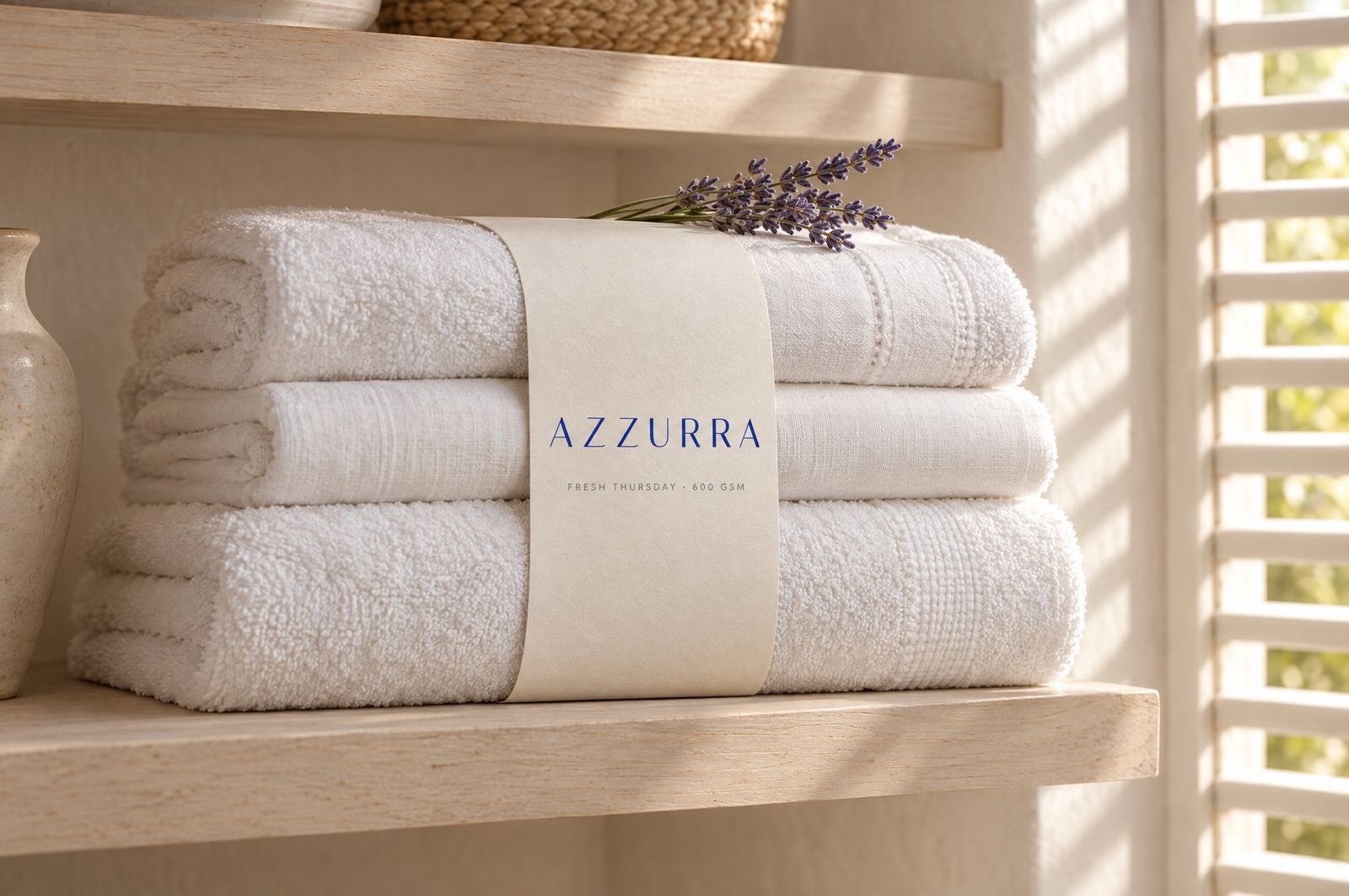 Folded white linen with an ivory paper band carrying the Azzurra wordmark